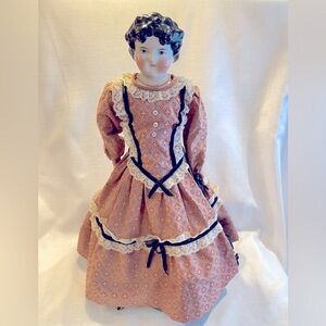 1910’s Antique 23" Hand Painted China Head Doll with Leather Hands and Feet